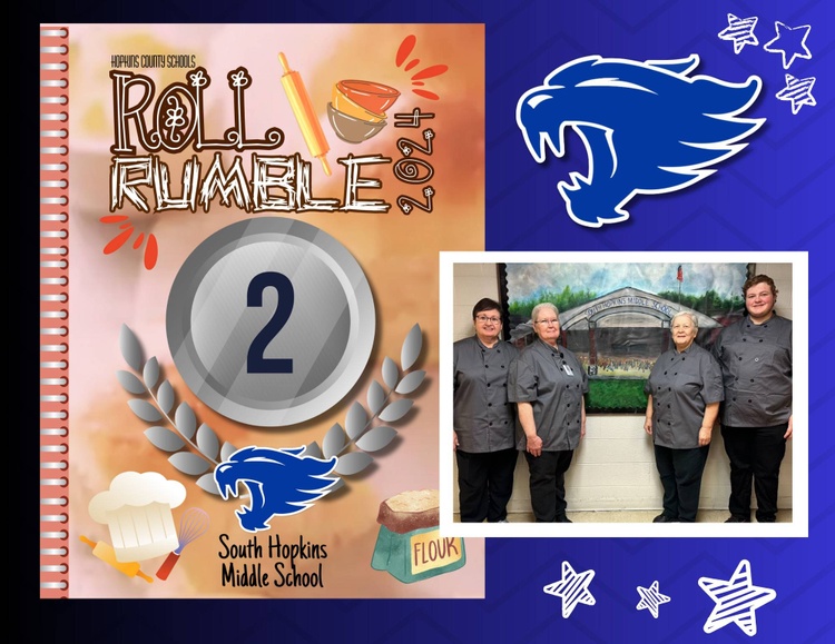 the words, Roll Rumble 2024 2 South Hopkins MIddle School with cat logo and photo of 4 people