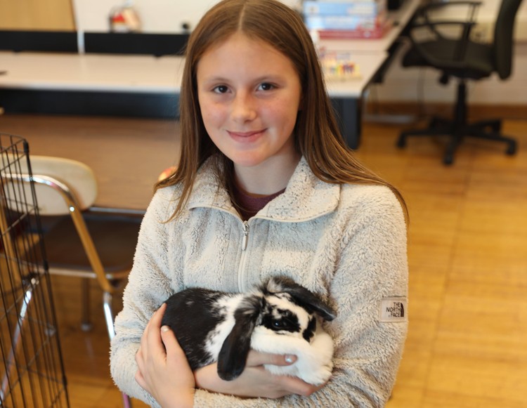 An FFA member holds a rabbit