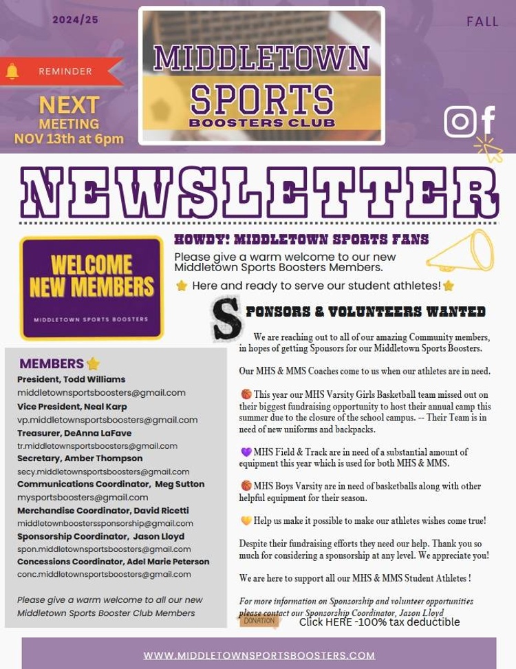 Middletown Sports Boosters Club newsletter