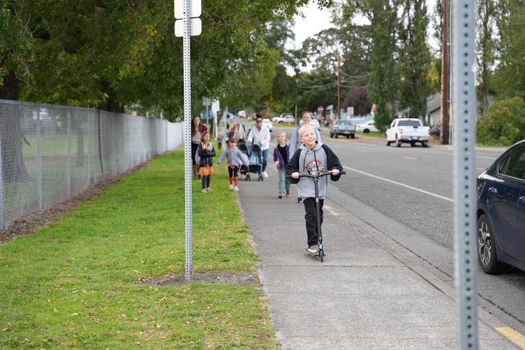 families walking to school