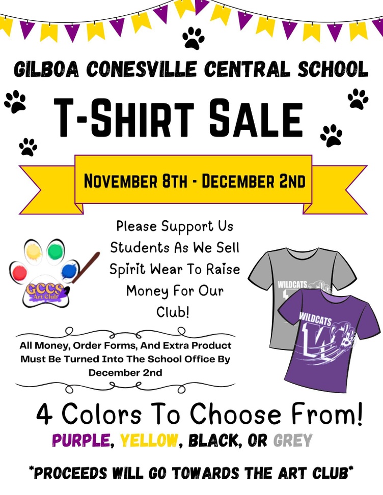 GCCS Art Club T-shirt Sale Flyer purple and gold with information about shirs and prices