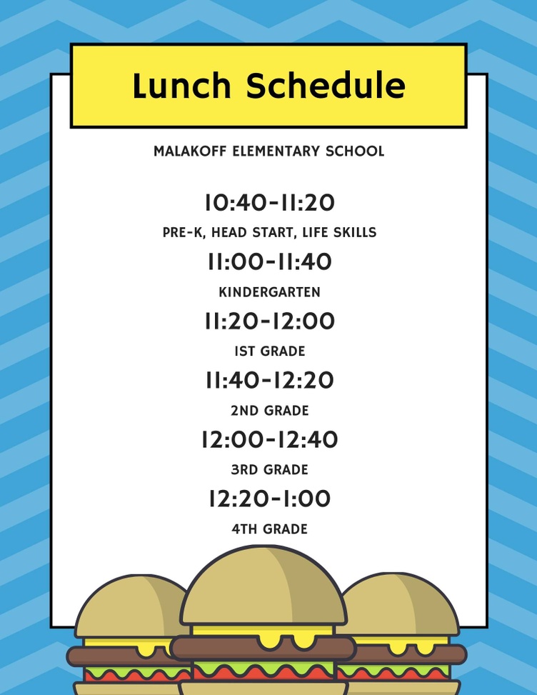 Lunch Schedule Malakoff Elementary School. 10:40 to 11:20 is lunch for Pre-K, Head Start, and Life Skills students. 11:00-11:40 is lunch for Kindergarten students. 11:20-12:00 is lunch for 1st Grade Students. 11:40-12:20 is lunch for 2nd Grade students. 12:00-12:40 is lunch for 3rd Grade students. 12:20-1:00 is lunch for 4th Grade students. 