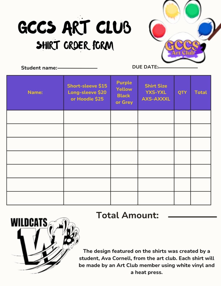 GCCS Art Club Shirt Order Form