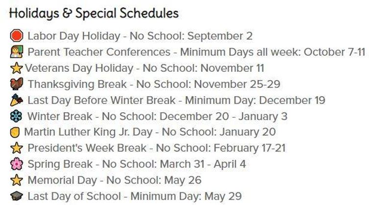 Holidays and Special Schedules for the Year