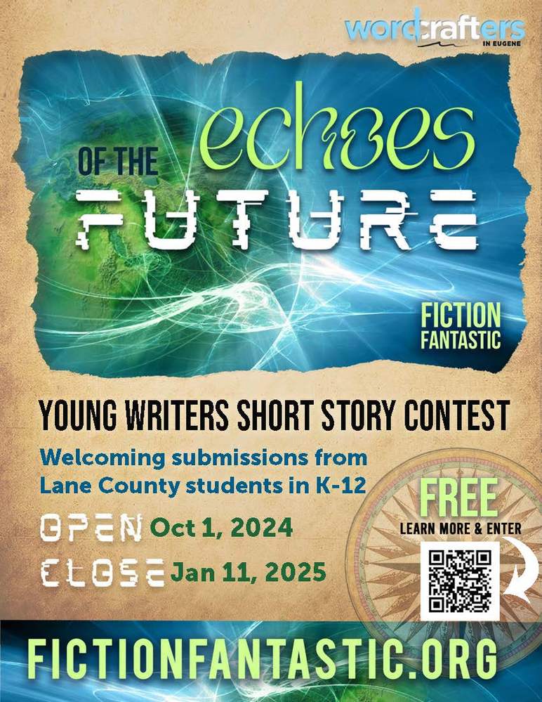 Flier with blue background stating: Young Writers Short Story Contest. Submissions open Oct 1 and close Jan 11. Learn more at finctionfantastic.org