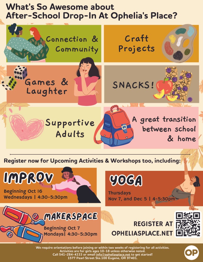 Flier with Drawings of people laughing, dice, art pallet, snacks, and a backpack. Improve classes Wednesdays October 16 from 4:30 to 5:30, Yoga Thursdays Nov 7 & dec 5 4:00-5:30 pm, Makerspace Mondays starting Oct 7 4:30 to 5:30.