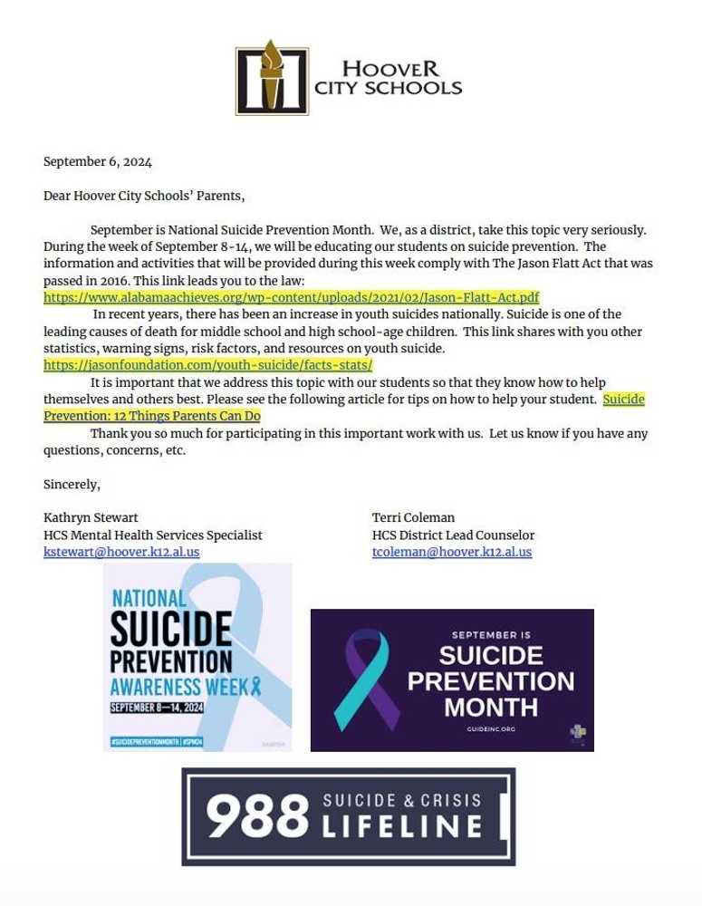 Suicide prevention awareness week letter