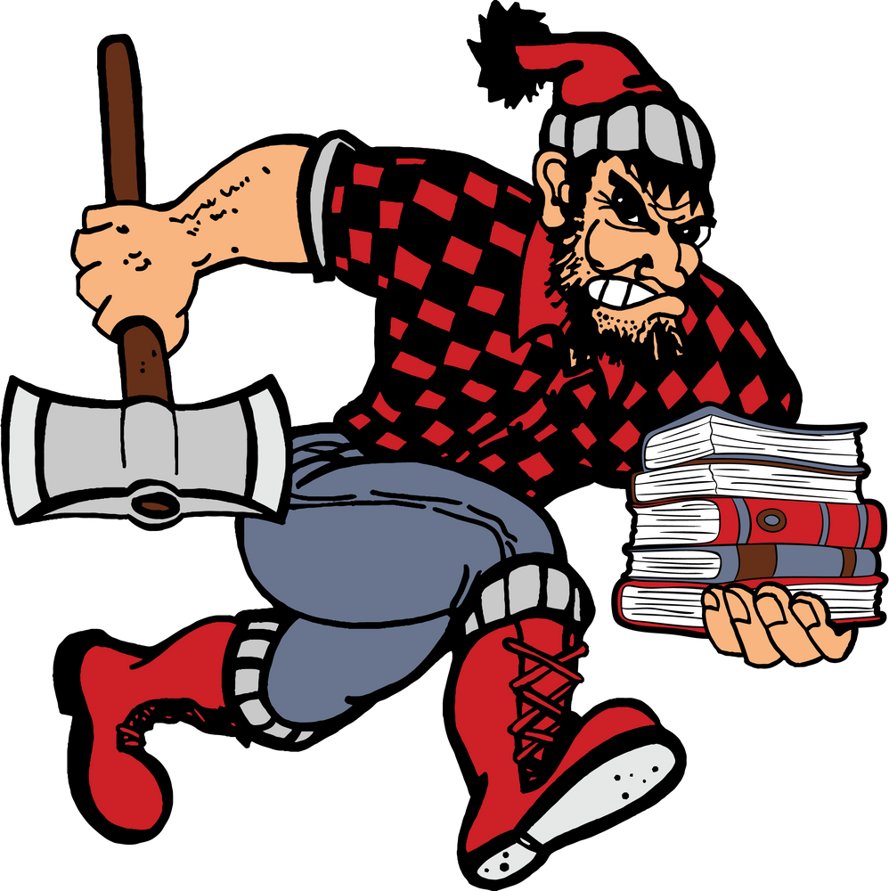 District logo of Lumberjack holding a stack of text books