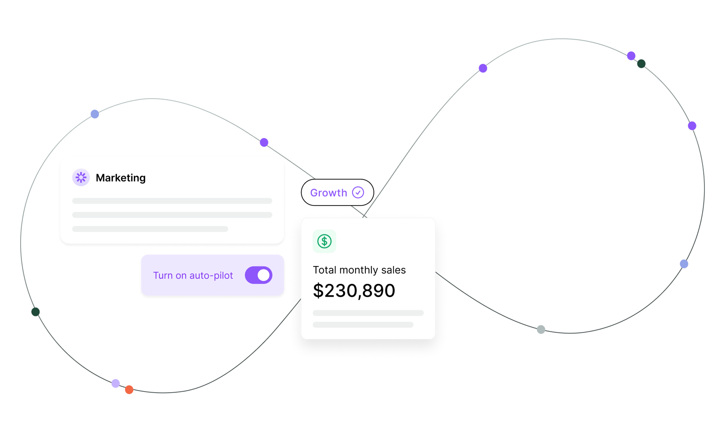 Infinity symbol with dots behind cards representing AI features