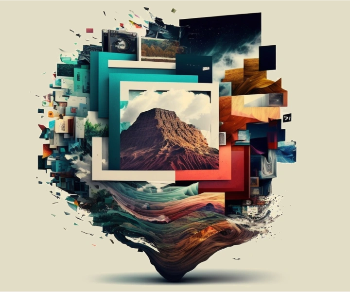an abstract collage with a mountain vies