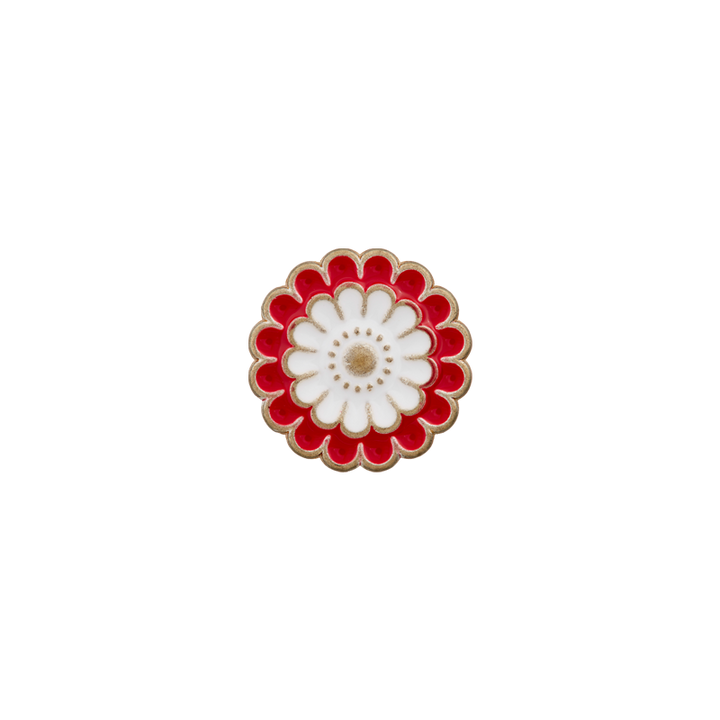 Metal/Polyester button shank, Flower, 15mm, red/white