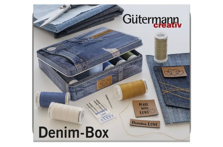 Denim-Box with Jeans needles and artificial leather label