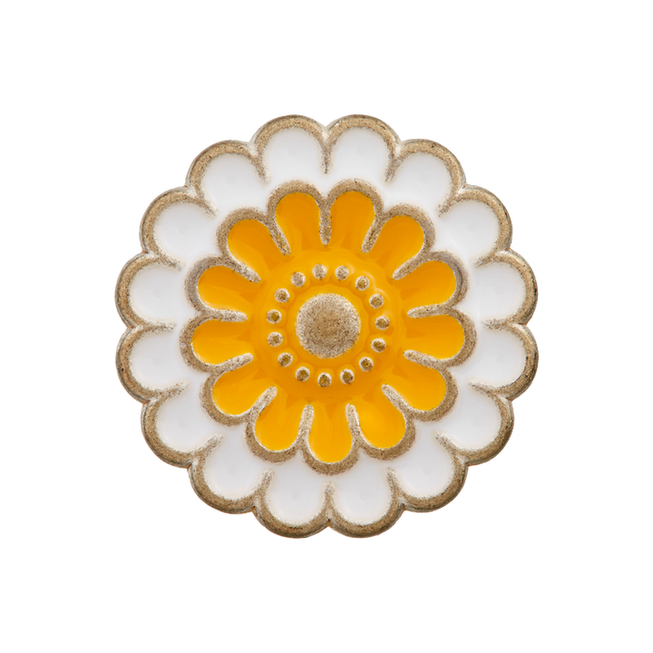 Metal/Polyester button shank, Flower, 20mm, white/yellow