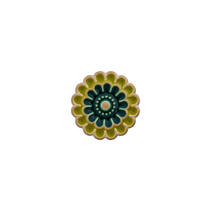 Metal/Polyester button shank, Flower, 15mm, light olive/dark green
