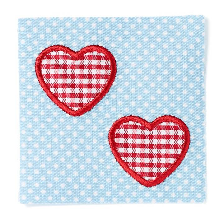 Applique hearts, on blue/white fabric