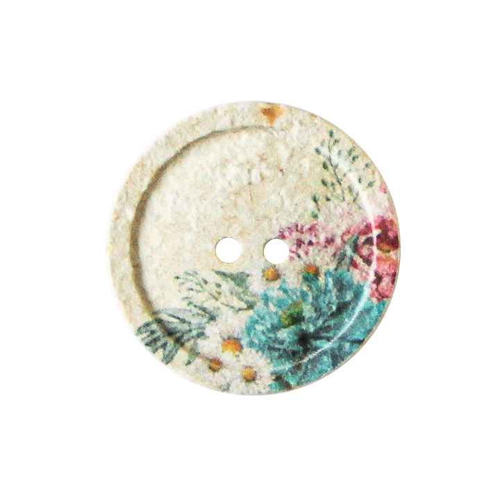 Baumwoll/Polyesterknopf 2-Loch, recycelt, Blumen, 25mm, mehrfarbig