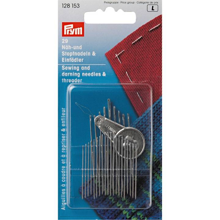 Sewing and darning needles assortment and threader, 29 needles