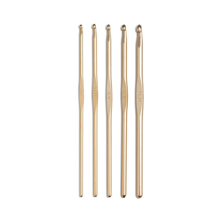 Crochet hooks for wool set with guide plate, 14cm, 2.50 - 5.00mm, new gold