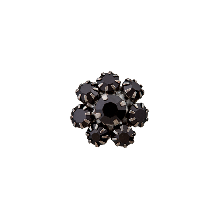 Bouton métal/strass pied, Fleur, 15mm, noir