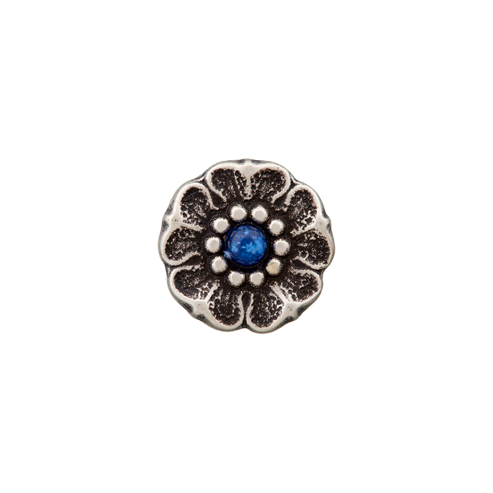 Metal/polyester button shank, Flower, 12mm, blue