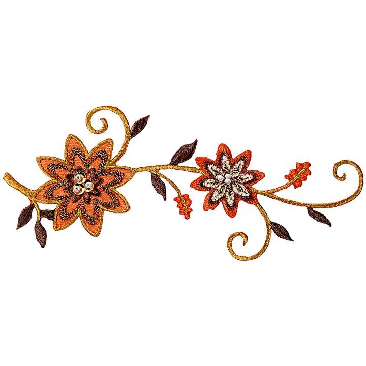 Applique flower tendril orange/brown with beads
