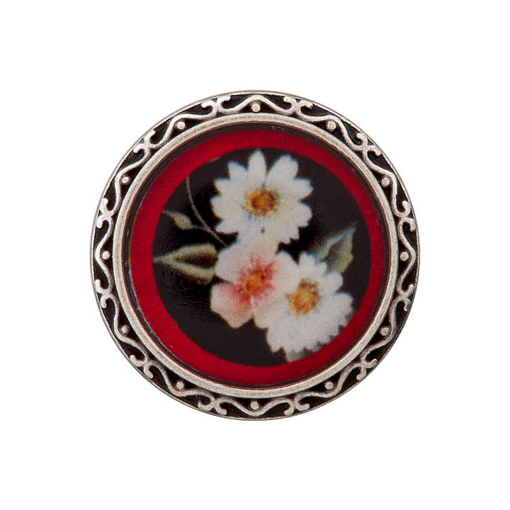 Metal/polyester button shank, Flower, 20mm, red