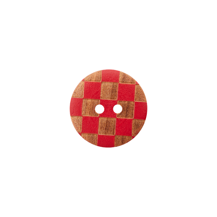 Wood button 2-holes, Checks, 12mm, red