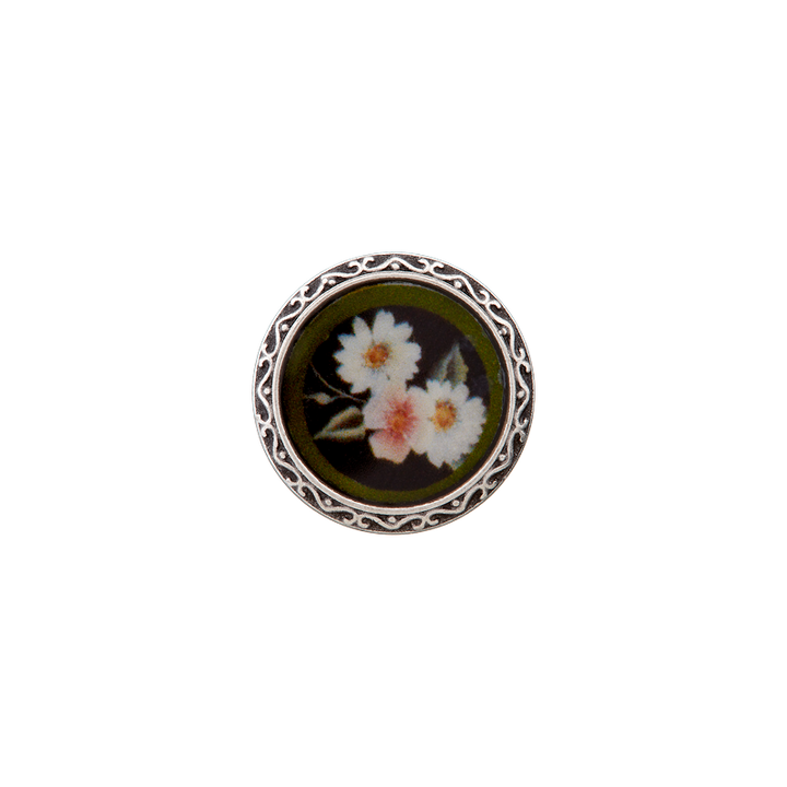Пуговица металлическая/из полиэстера, на ножке, «Цветок», 15 мм, оливковый цвет