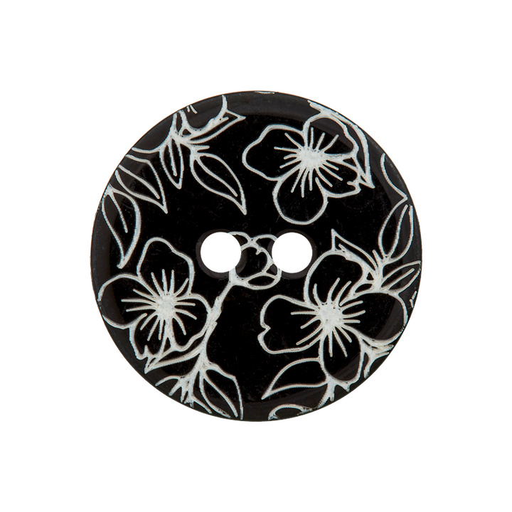 Perlmuttknopf 2-Loch, mit floralem Motiv, 20mm, schwarz