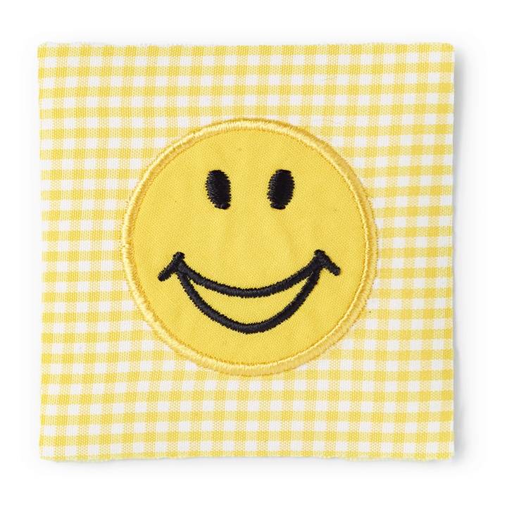 Applique Smiley, on yellow/white fabric