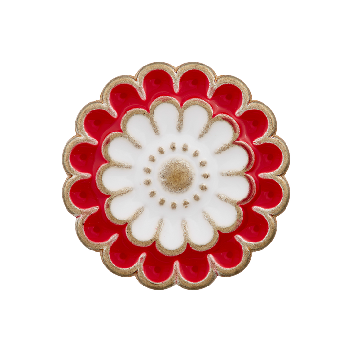 Metal/Polyester button shank, Flower, 20mm, red/white