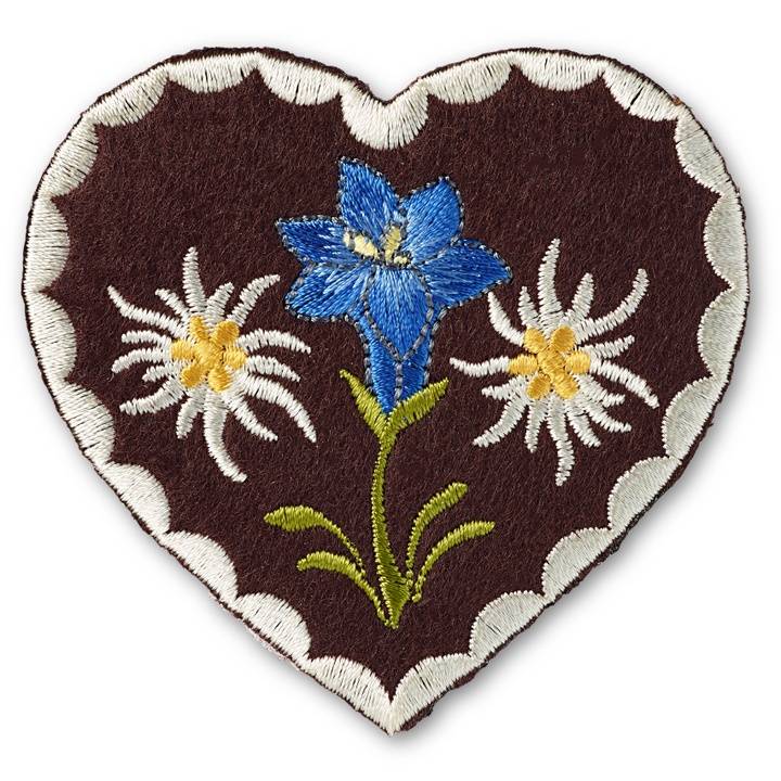 Motif décoratif Renfort Cœur, marron, edelweiss/gentiane
