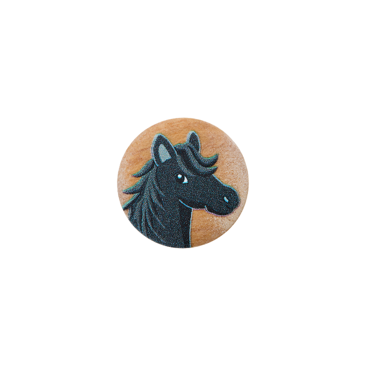 Wood button 2-holes, Horse, 15mm, black