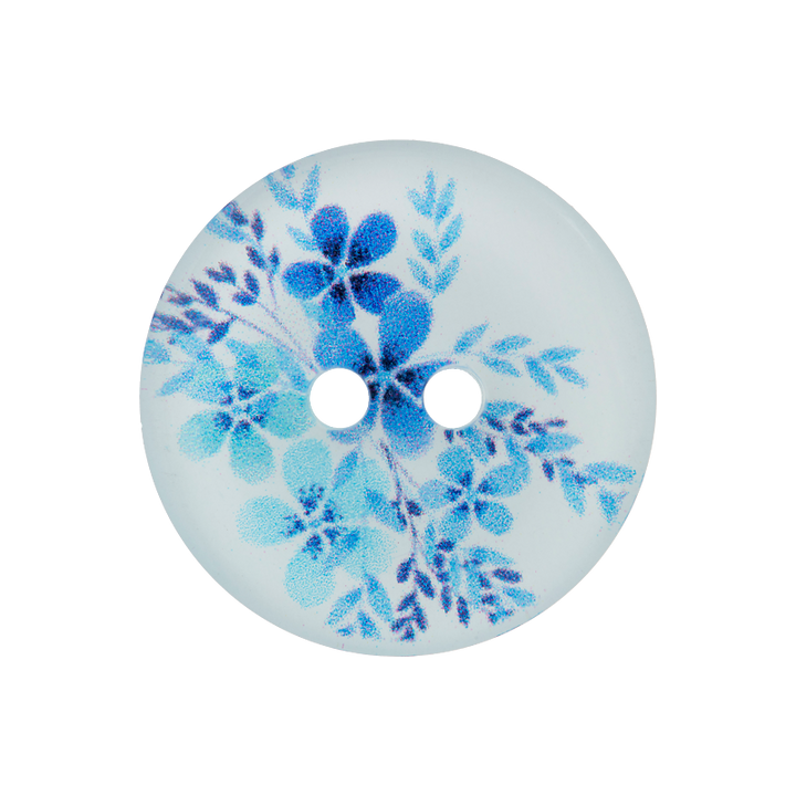 Polyester button 2-holes 20mm blue Flowers