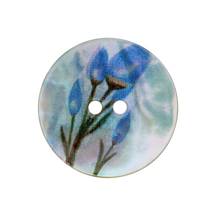 Bouton nacre 2-trous, Fleur, 23mm, bleu