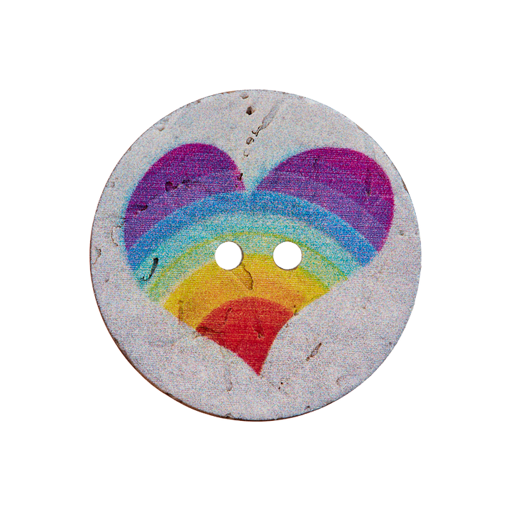 Coconut button 2-holes, Heart, 23mm, multicoloured