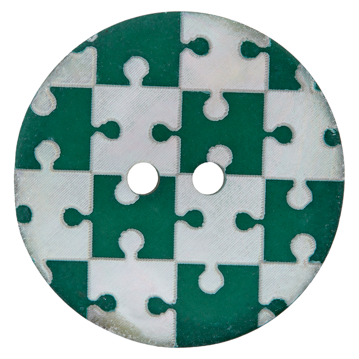 Mother of Pearl button 2-holes, Puzzle, 28mm, medium green