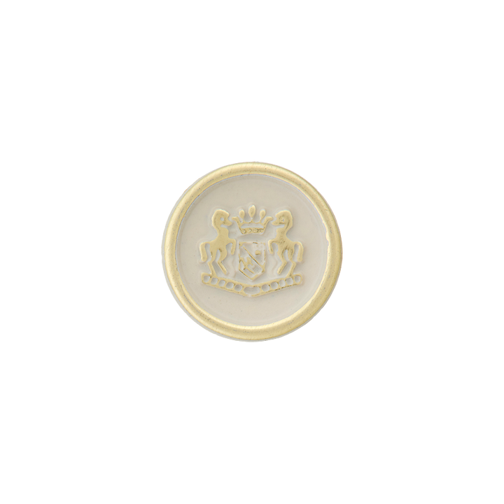 Polyester button shank, metallised, with emblem, 15mm cream
