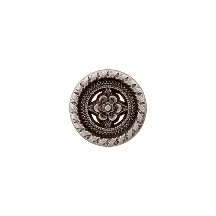 Bouton métal pied, fleur, 12mm, argent vieilli