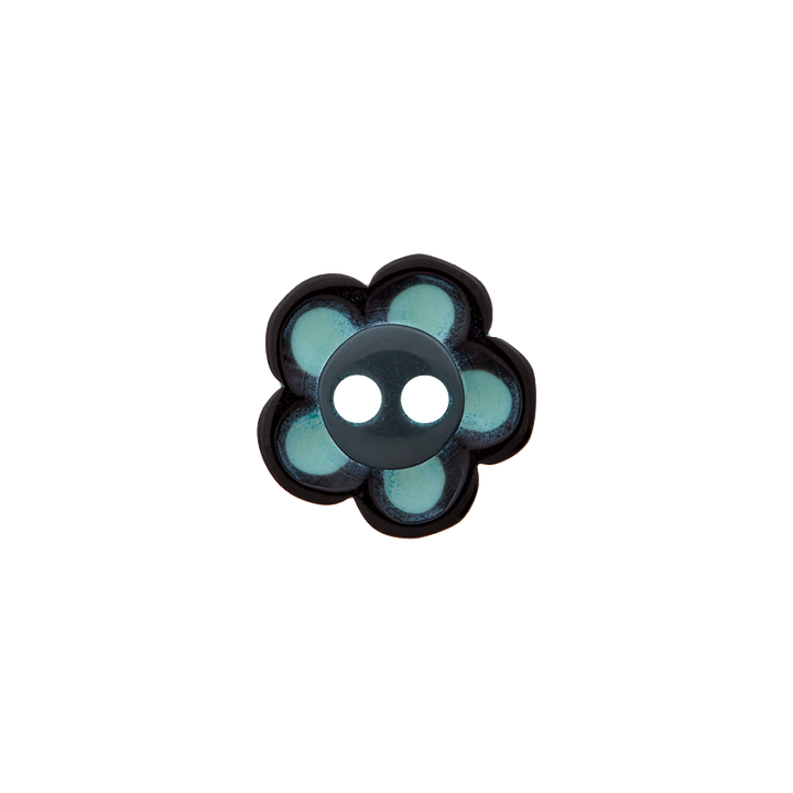 Polyester button 2-holes, Flower, 12mm, light turquoise
