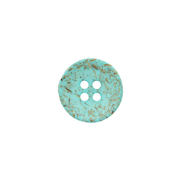 Bouton coco/polyester 4-trous, recyclé, 15mm, turquoise clair