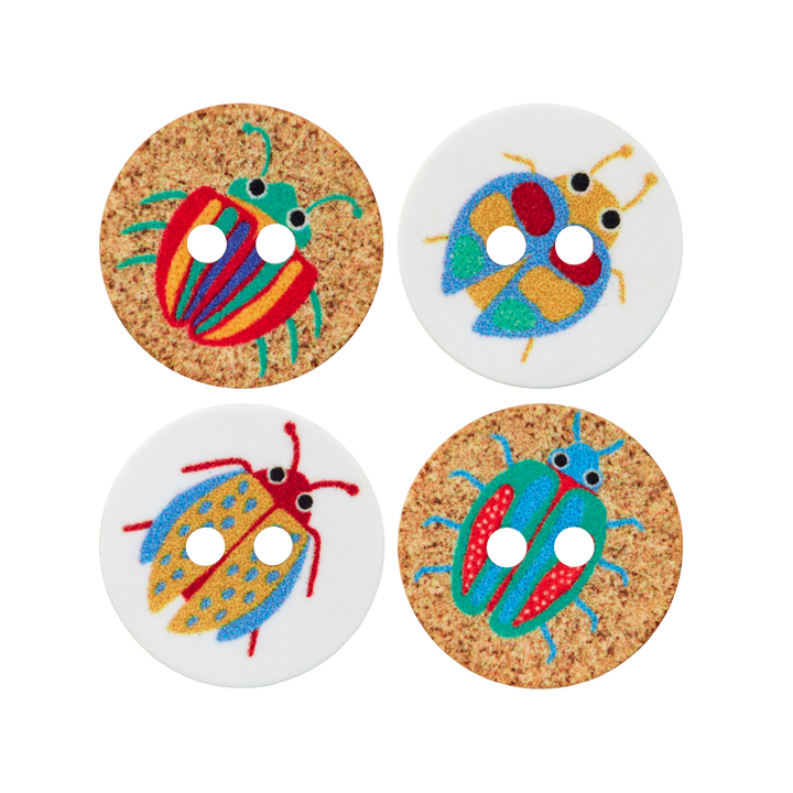 Polyester button 2-holes, Beetle, Sortiment, 15mm, multicoloured