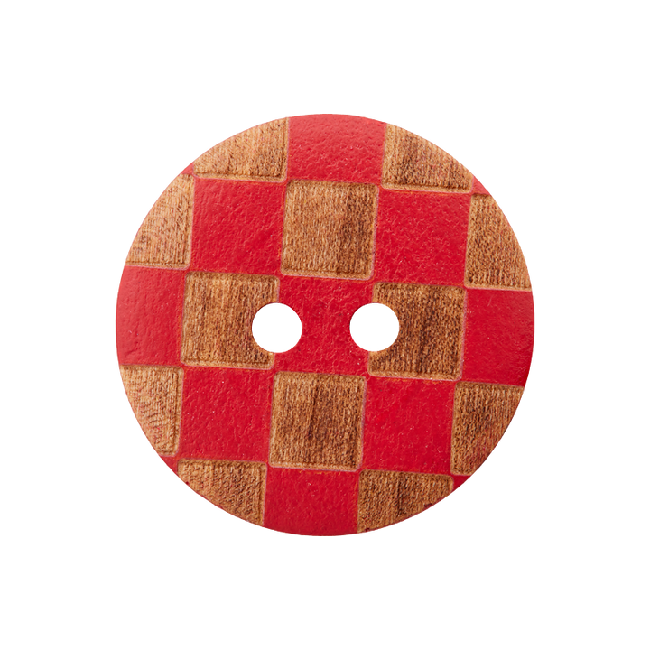 Wood button 2-holes, Checks, 20mm, red