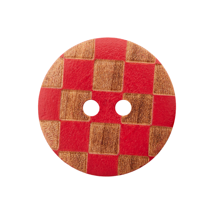 Bouton bois 2-trous, carreaux, 20mm, rouge