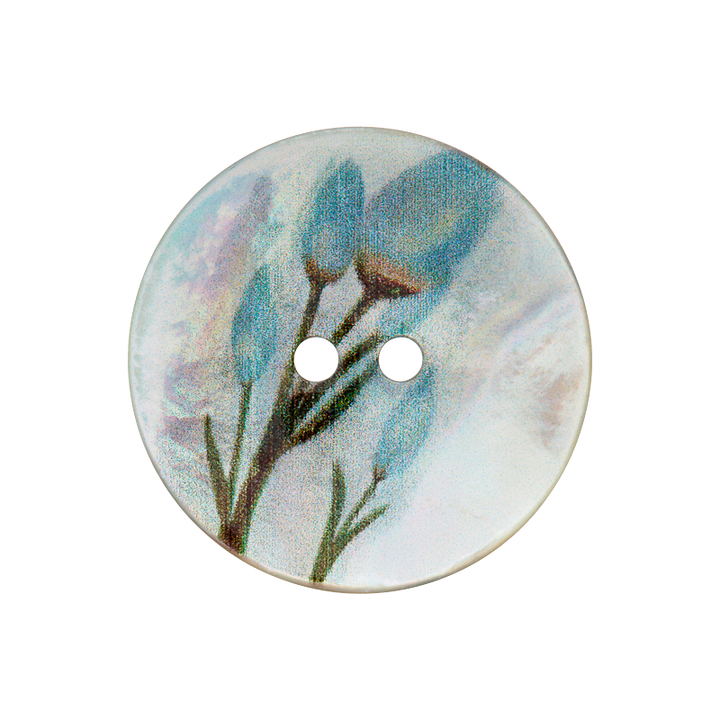Bouton nacre 2-trous, Fleur, 23mm, turquoise foncé