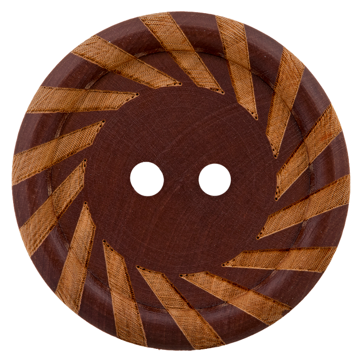 Bouton bois 2-trous, bord à motifs, 28mm, brun foncé