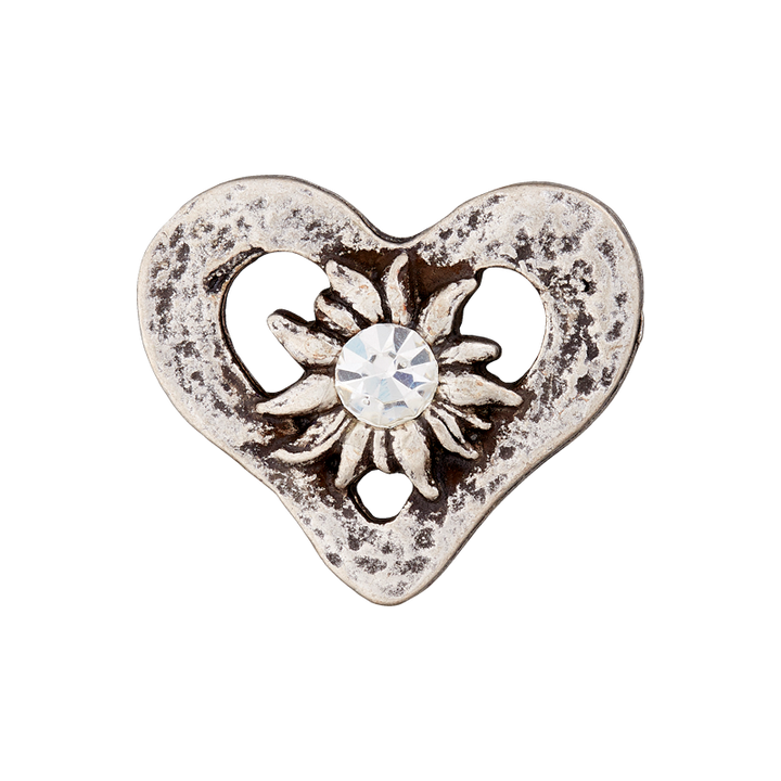 Пуговица «Сердце», металлическая/со стразами, на ножке, 20 мм, цвет состаренного серебра
