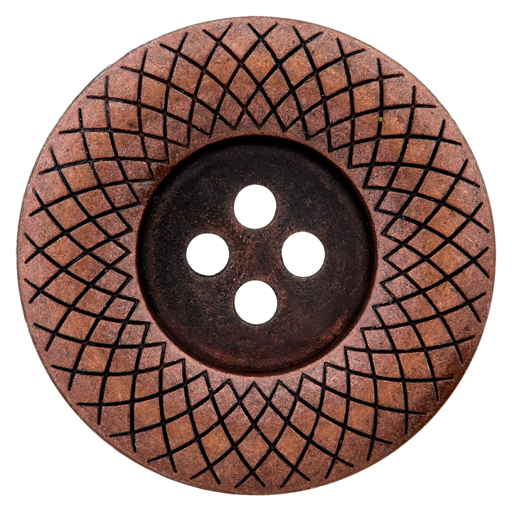 Bouton métal 4-trous, bord à motifs, 28mm, cuivre vieilli