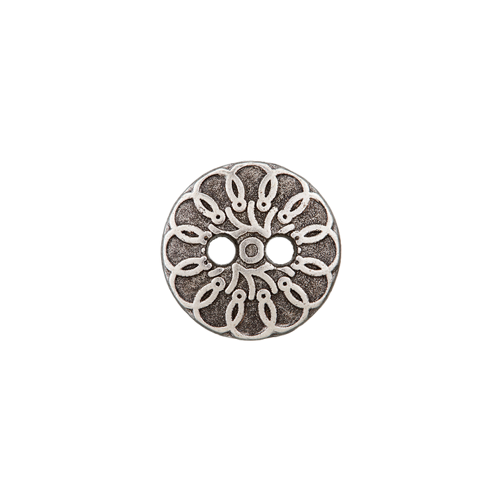 Bouton métal 2-trous, Fleur, 11mm, argent vieilli
