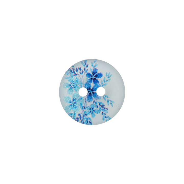 Polyester button 2-holes 15mm blue Flowers